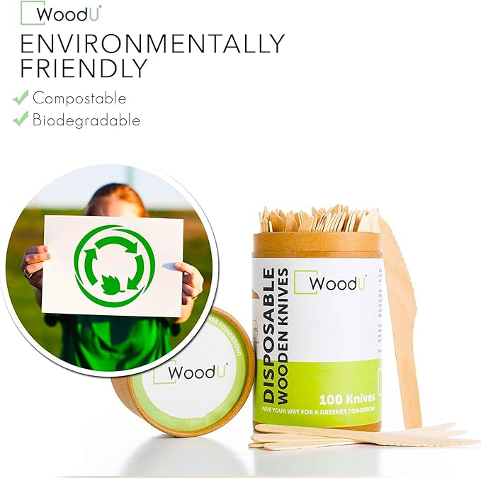 WoodU Disposable Wooden knives 100% All-Natural, Eco-Friendly, Biodegradable, and compostable knives - Pack of 100-6.5" Butter Cheese Knife Wooden Utensil