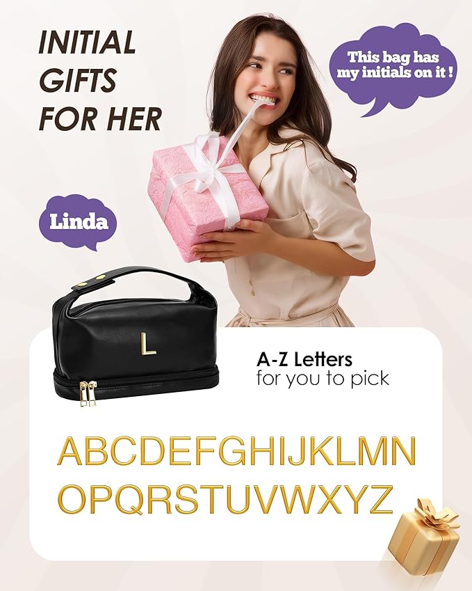 Makeup Bags Personalized Bags with Handle, Waterproof Double Layer Cosmetic Bag, Large Capacity PU Leather Makeup Bags Letter Travel Toiletry Bag with Makeup Brush Organizer