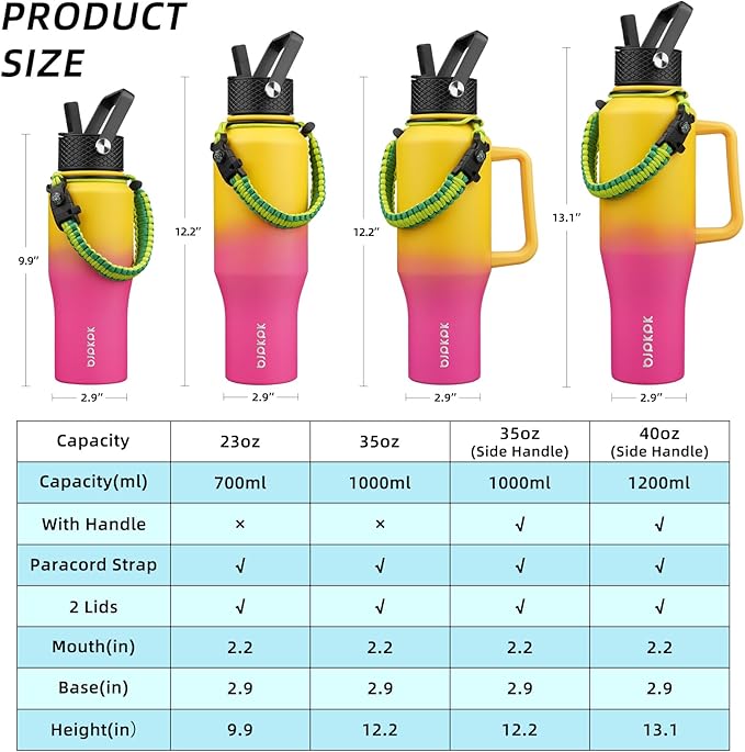 BJPKPK Insulated Water Bottles with Straw Lid, 35oz Metal Water Bottle with 2 lids & Paracord Strap, Double Wall Stainless Steel Tumbler with Handle, Reusable Cups, Mugs, Thermo, Pink & Yellow Rose