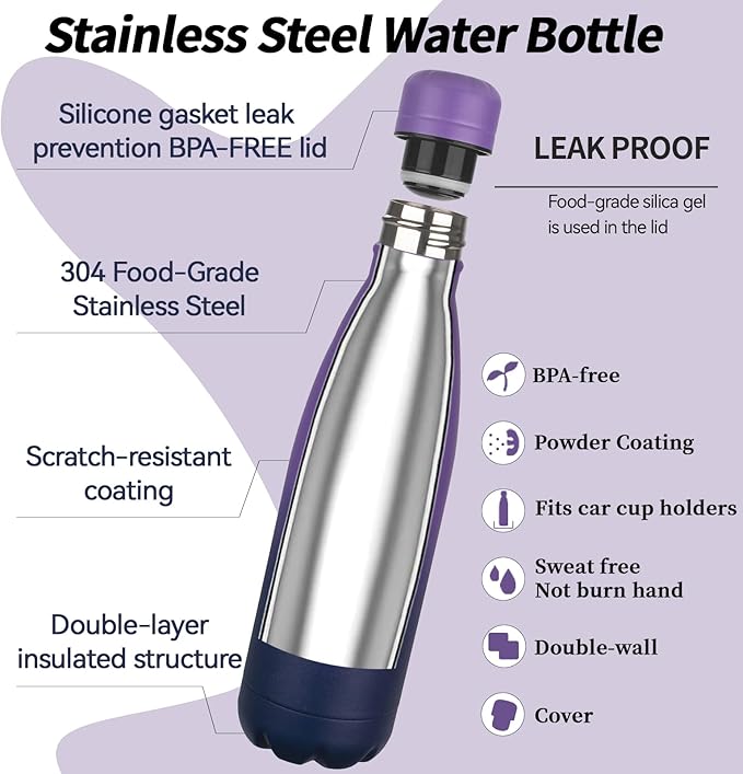 OWS 17oz Insulated Water Bottles Bulk 1/2/4 Pack, Metal Sports Water Bottles, Double Wall Vacuum BPA-Free Flask for School, Sports(purple navy 1pc)
