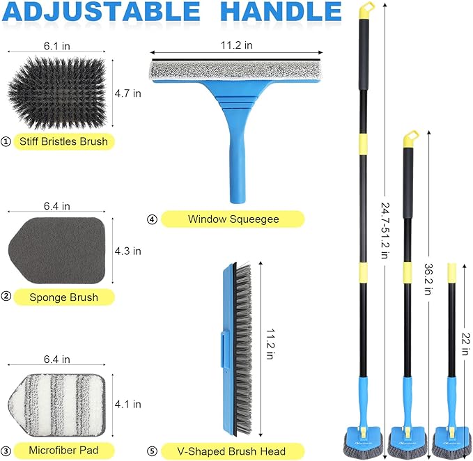 Extendable Cleaning Brush 51" with Stiff Bristles, Scouring Pad, Microfiber Pad, V-Shape Scrub Brush & Squeegee for Bathroom, Shower & Tile Cleaning