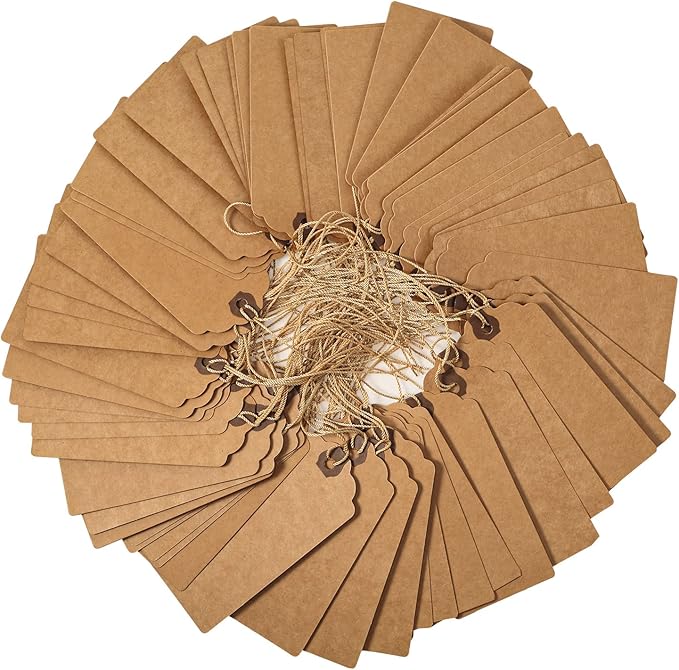 Outus 60 Pcs 4 3/4-in x 2 3/8-in Blank Large Paper Gift Tags with String and Reinforced Eyelet Wire Writable Price Tags Shipping Labels Inventory Labels(Brown)