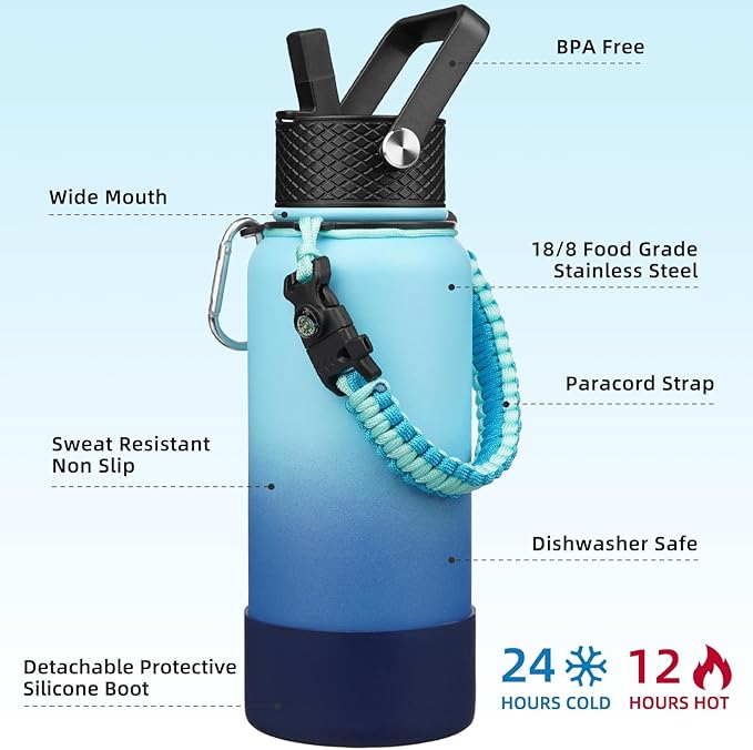 BJPKPK 32oz Insulated Water Bottles with 3 Lids, Paracord Handle & Non-slip Boot, Stainless Steel Metal Water Bottle,Reusable BPA Free Thermal Flasks, Tumblers, Sky