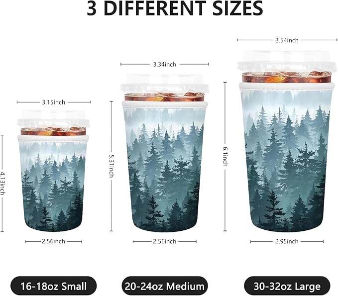 3 Pack Iced Coffee Sleeve, Reusable Insulated Neoprene Cup Sleeve for Cold & Hot Drinks Beverages, Cup Holder for 16-32oz Coffee Cups, nk Forest