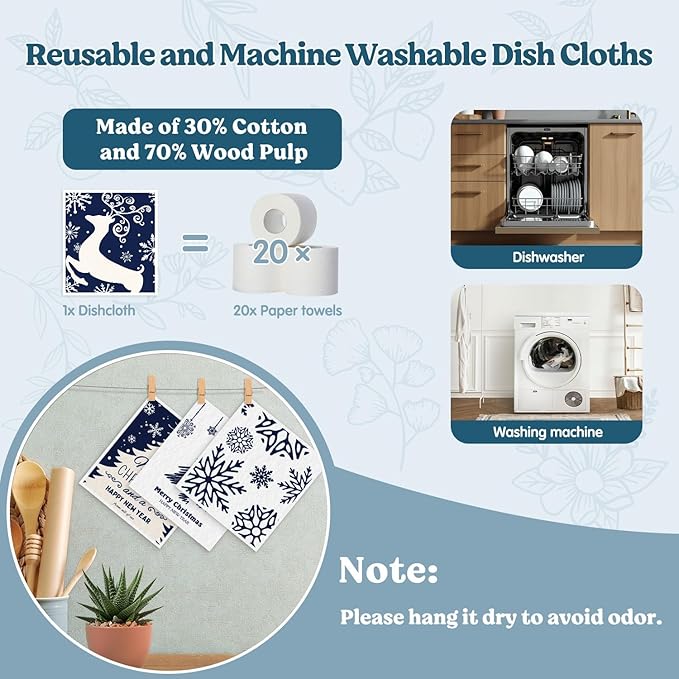 Swedish Dishcloths for Kitchen, Christmas Xmas Tree Snowflake Blue Kitchen Dish Towels for Washing Dishes, 4 Pack Reusable Paper Towels, Sponge Cloths for Holiday Home Cleaning Baking Cooking