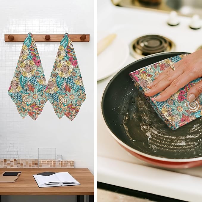 2Pcs Boho Floral Art Kitchen Towels 24x14 Inch, Vintage Flower Seamless Pattern Hand Towels for Kitchen Home Farmhouse Decor, Absorbent Microfiber Dish Cloth Tea Towel, Housewarming Gifts for Women