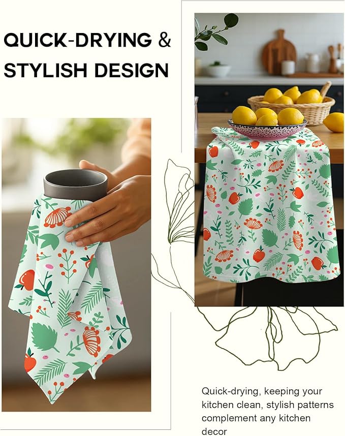 Flour Sack Kitchen Towels Set of 2-18x26 Cotton Dish Towels with Hanging Loop Reusable Tea Towel for Cleaning Spring Absorbent Dishcloths Cute Home Decor Housewarming, Green Leaf Fruit