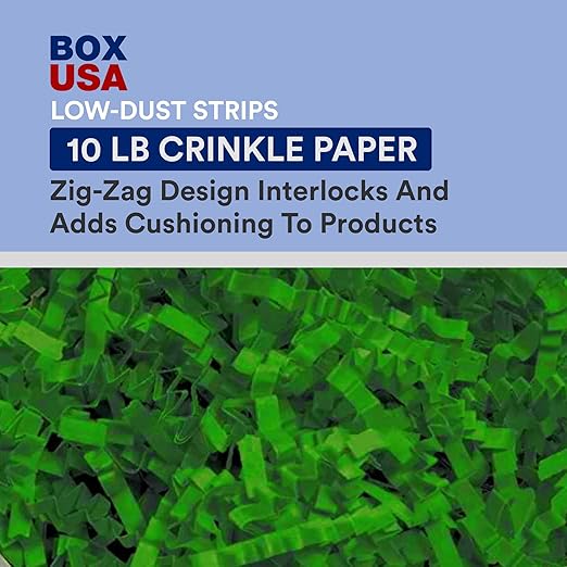 BOX USA 10 lb. Green Crinkle Paper Packing, Shipping, and Moving Box Filler Shredded Paper for Box Package, Basket Stuffing, Bag, Gift Wrapping, Holidays, Crafts, and Decoration