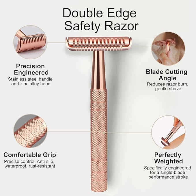 Single Blade Razors for Women, Stainless Steel Safety Razor with 10 Double Edge Blades, Reusable Metal Razor, Smooth Close Gentle Shave, Plastic Free, Rose Glod