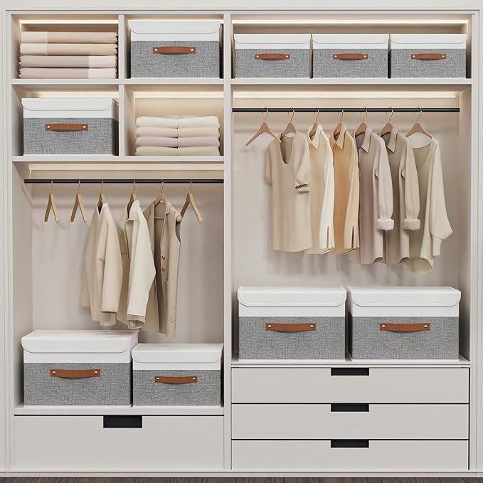 Yawinhe Storage Boxes with Lids, Linen Fabric Bin, Cube Organizer Basket, Washable and Leather Handle, for Home, Closet, White/Grey, 15.0''Lx9.8''Wx9.8''H, 7-Pack, USNK024WGL-7