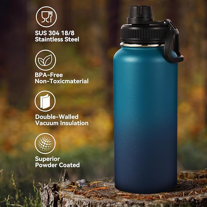 Neihepal 32 oz Insulated Water Bottle with 2 Lids (Straw & Spout Lid), 18/8 Stainless Steel Double Wall Water Bottles for Gym, Travel, Camping, Sports (Dark Night,1 Pack)