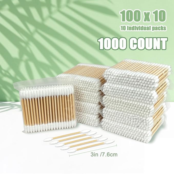 1000 Precision Tip Bamboo Cotton Swabs – Biodegradable & Organic Cotton Buds with Precision Tips – Eco-Friendly Wooden Swabs for Makeup, Cleaning, Crafts, and Baby Care