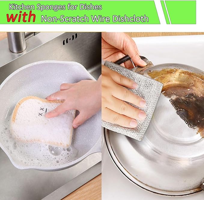 Non Scratch Wire Dishcloth 8 Pack with 2pcs Kitchen Sponges for Dishes, Double Layer Wire Dish Washing Cloth,Powerful Cleaning Non-Scratch Wire Dishcloth Rag for Cookware, Sinks, Dishes, Stove Tops