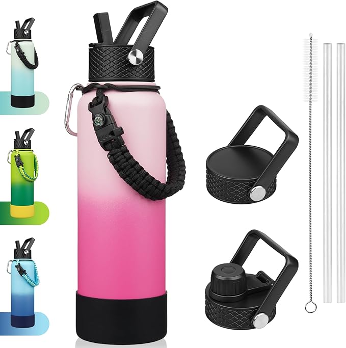BJPKPK Insulated Water Bottle with Straw Lid, 40oz Large Thermal Flasks with 3 Lids, Paracord Handle & Non-slip Boot, BPA Free Leak Proof Stainless Steel Metal Water Bottles, Tumblers, Cups,Cherry