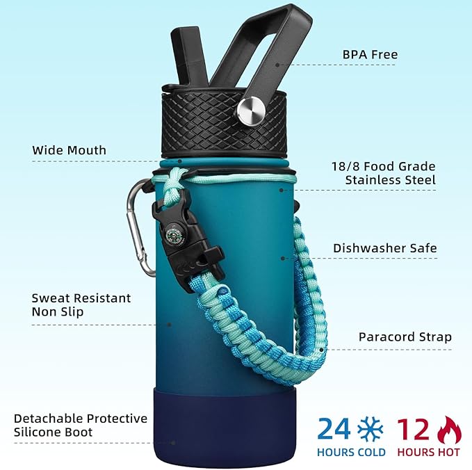 BJPKPK Water Bottle with Straw Lid, 18oz Insulated Water Bottles with 3 Lids, Paracord Handle & Non-slip Boot, Metal Stainless Steel Thermal Flasks, BPA Free Leak Proof Cups, Tumblers,Vast