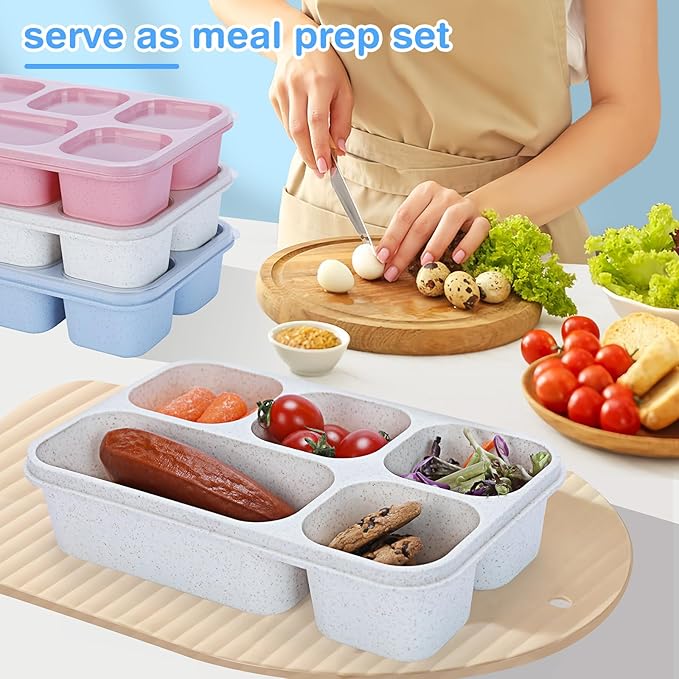 Bento Box Adult [Portion Size], 3 Pack Snack Containers with 5 Compartments for Meal Prep & On-the-Go [Work, Travel], Lunchable Container Reusable and BPA-Free