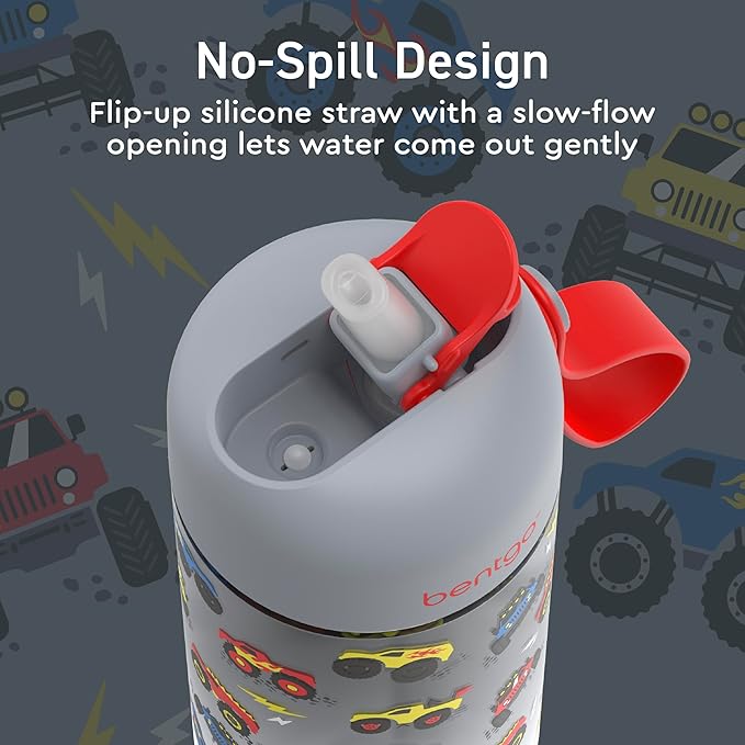 Bentgo Kids Water Bottle - Leak-Proof, Durable Tritan, BPA-Free 15 oz. Cup for Kids/Toddlers Ages 3+, Safe Sip Spout, Carrying Handle, & Dishwasher Safe for School, Sports, Daycare & Camp (Trucks)