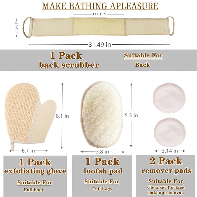 Exfoliating Natural Loofah Sponge Back Scrubber for Shower, 5 Pack Loofah Sponge Pads & Exfoliating Glove, Bath Shower Scrubber for Men and Women