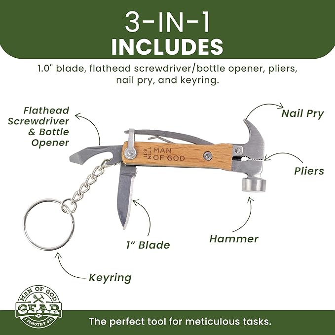 5-in-1 Hammer Keychain Multi-Tool - Laser-Engraved Man of God, 1 Tim 6:11 Scripture - Multitool Keychain Pliers with Blade, Opener, Nail Pry & More - Christian Pocket Tools For Men