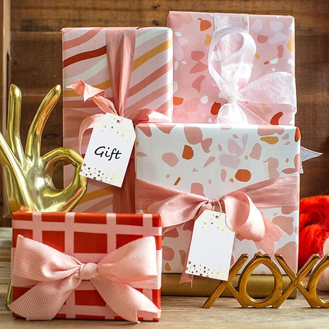 jijAcraft 100Pcs Gift Tags with String, Foil Gold Dots Blank Tags, 3.3x2.2Inch White Paper Tag, Party Favors Hanging Name Labels for Baby Shower, Birthday, Wedding