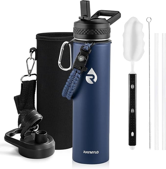 Insulated Water Bottle 24oz, Triple Wall Vacuum Stainless Steel (Cold for 48 Hrs, Hot for 24Hrs), Leak Proof & Non-BPA, 24oz Hydro Water Flask with Paracord Handle & Straw Spout Lids