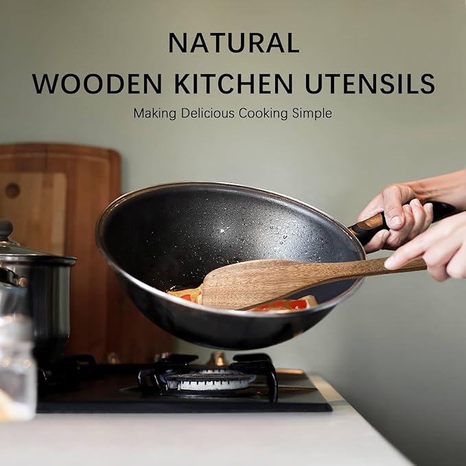 2pcs Wooden Spatulas for Cooking, 13inch Coated Acacia Wood Turners for Frying, Non-Scratch Wood Flat Spurtle for Pan & Wok, Wooden Cooking Utensils for Non Stick Cookware, Long Handle Scraper