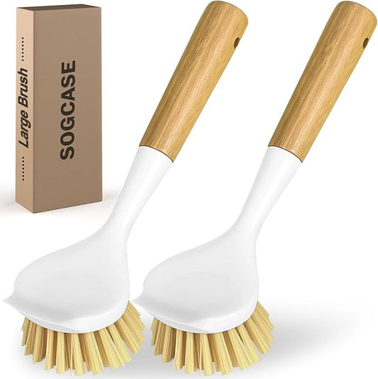 Dish Brush Set with Bamboo Handle, Kitchen Brushes for Cleaning Pot, Sink and Stove, Skillet Scrubber with Tough Bristles for Cast Iron Grill Pan, 2 Pack