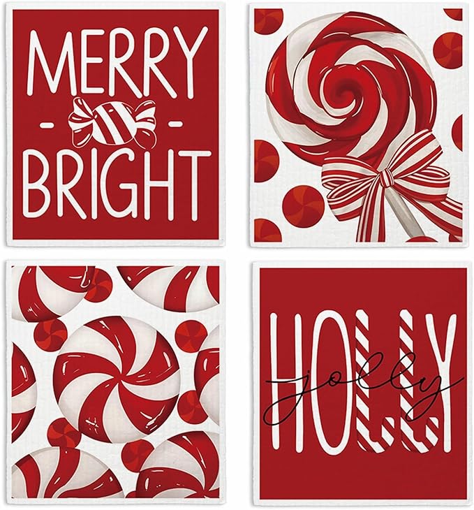 Swedish Dishcloths for Kitchen, Christmas Xmas Candy Red Kitchen Dish Towels for Washing Dishes, 4 Pack Reusable Paper Towels, Sponge Cloths for Winter Holiday Baking Cooking Home Cleaning