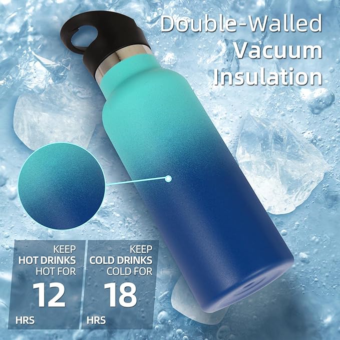 Volhoply 17oz Kids Insulated Water Bottle,Stainless Steel Water Bottles with Straw Lid,Reusable Metal Cups Water Bottle,Double Wall Vacuum Sports School Water Flask Keep Cold(Green Blue,1 Set)
