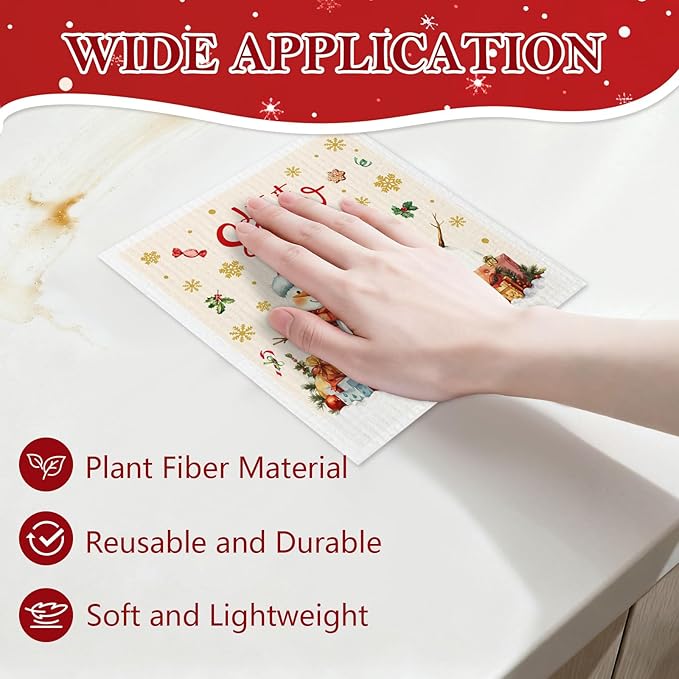 Mixed Christmas Swedish Kitchen Dishcloths Dish Towels 6 Pack, Christmas Dish Towels for Kitchen, Swedish Dishcloth with Santa, Paper Towels Reusable, Dish Cloth Towel Cleaning Wipe for Holiday Party