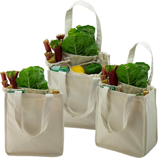 Simple Ecology Organic Cotton Deluxe Reusable Grocery Shopping Bag; Bottle Sleeves, Rigid Bottom Support (UPDATED DESIGN)