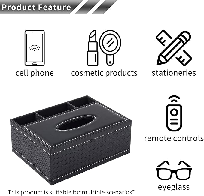 PU Leather Rectangular Tissue Box Cover - Multifunctional Tissue Box Holder with Stationery Remote Control Box, Decorative Tissue Pen Remote Organizer for Home/Office/Restaurant