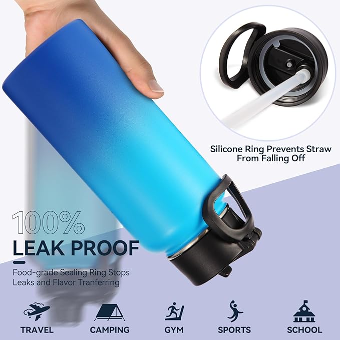 Neihepal 32 oz Insulated Water Bottles Bulk with 2 Lids (Straw & Spout Lid), Stainless Steel Double Wall Water Bottle, Keeps Cold 24H & Hot 12H (Green Blue,4 Pack)