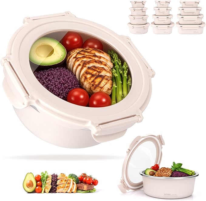 54oz Stainless Steel Lunch Box With Leakproof Tempered Glass Lids Microwavable Stainless Steel Food Storage Containers Stackable Freezer Fruit Snack Meal Prep Metal Bento Box for Travel Picnic Round