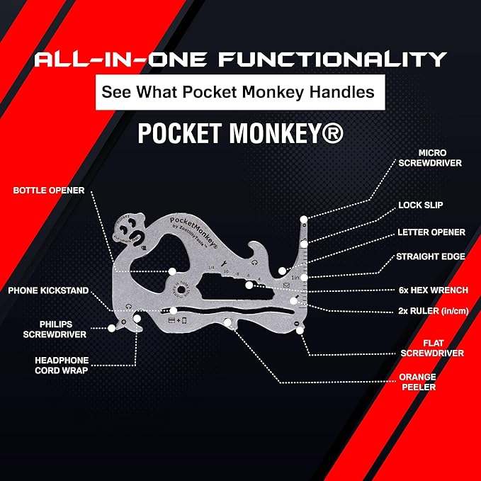 Wallet Multi-Tool, PocketMonkey 12-in-1 Credit Card Tool, Bottle Opener, Stainless Steel, MADE IN USA