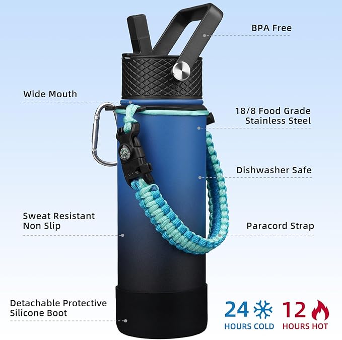 BJPKPK Insulated Water Bottle with Straw Lid, 22oz Thermal Flasks Water Bottles with 3 Lids, Paracord Handle & Non-slip Boot, BPA Free Leak Proof Stainless Steel Tumblers,Blue Black
