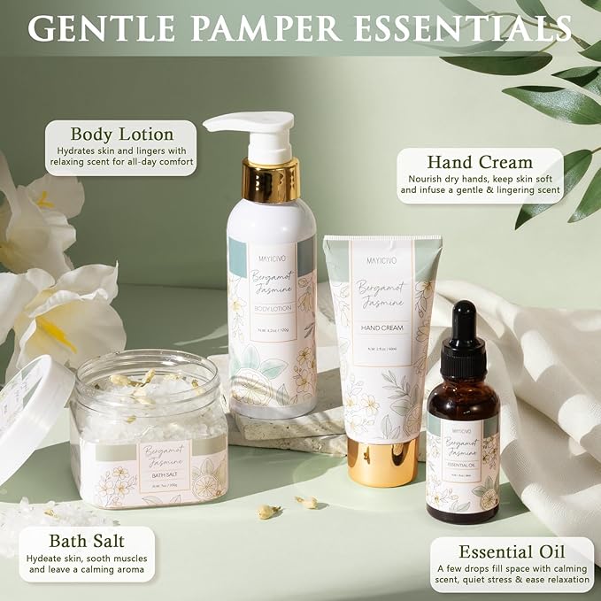 Christmas Birthday Gifts for Women, Bergamot Jasmine Relaxing Spa Gift Baskets for Women Self Care Package Bath Gift Set, Home Bath and Body Kit Pampering Gifts for Womens Mom Her Friends Sister Wife