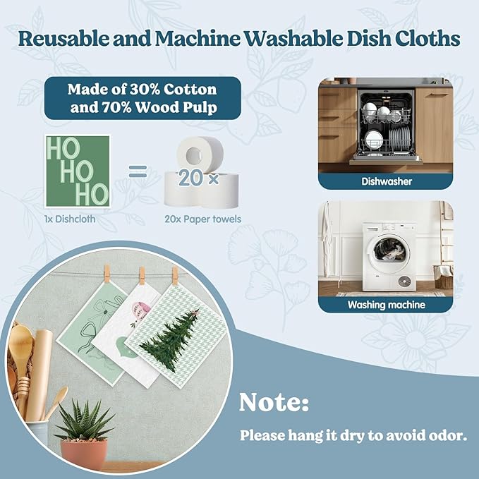 Swedish Dishcloths for Kitchen, Christmas Xmas Green Bow Winter Kitchen Dish Towels for Washing Dishes, 4 Pack Reusable Paper Towels, Sponge Cloths for Holiday Home Cleaning Baking Cooking