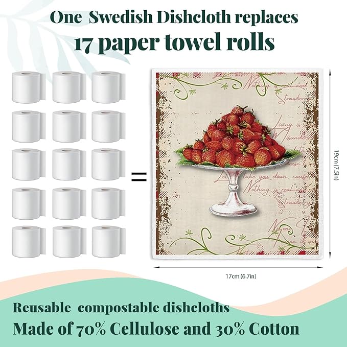 Swedish Dishcloths for Kitchen, Papaya Reusable Paper Towels Washable, Vintage Strawberries Swedish DishCloths for Friut, 4 Pack Dish Towels for Kitchen