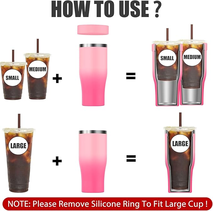 Universal Iced Coffee Sleeve with Handle - Insulated Double Wall Reusable Stainless Steel Holder Insulator for Cold Drinks Fits Small Medium Large To Go Cups Gifts for Men Women Him Her (Sakura)