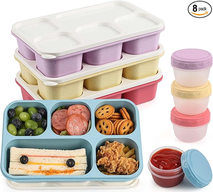 Caperci Large Bento Lunch Boxes for Adults & Kids - 5 Compartment Lunchable Snack Box Containers, Built-in 4 Leak-Proof Dipping Sauce Cups, Reusable Food Storage Containers, 4-Pack (Vintage Colors)