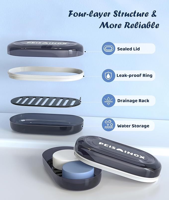 Leakproof Travel Soap Dish with Lid - Draining Soap Bar Holder for Bathroom, Shower, Gym, School, Camping, Vacation, Outdoor