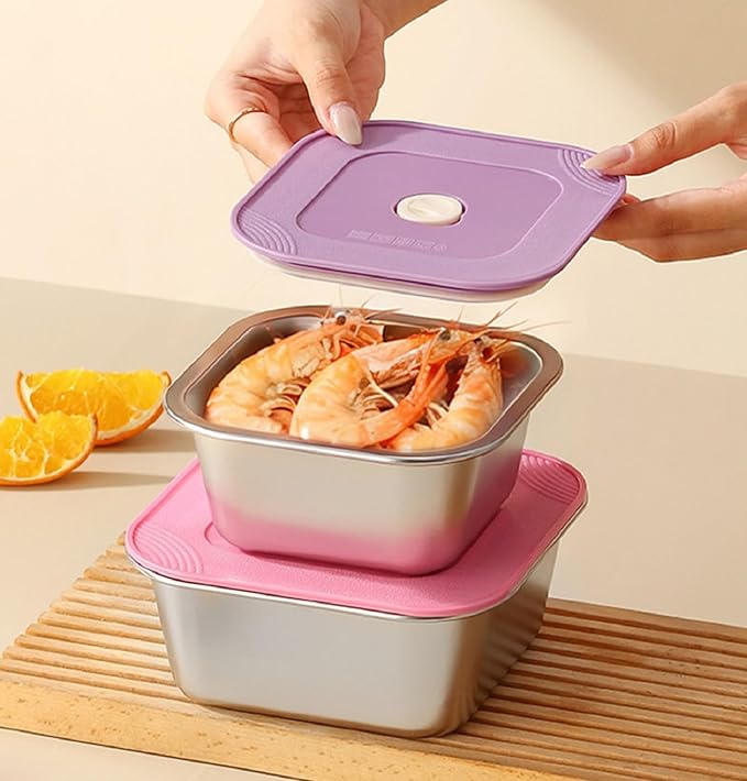 4-Piece Stainless Steel Snack & Lunch Containers with Lids Set, Stackable Metal Food Storage Containers with Lids, Airtight Leakproof Lunch Bento Box, Dishwasher Safe (Size 4.5", 5.5", 6.3", 7")