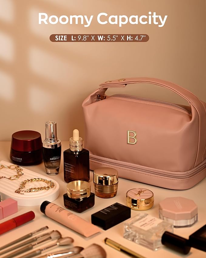 Initial Makeup Bags Personalized Bag with Handle, Monogrammed Gifts for Women Cosmetic Pouch, Large Capacity PU Leather Makeup Bags Letter Travel Toiletry Pouchs with Makeup Brush Organizer