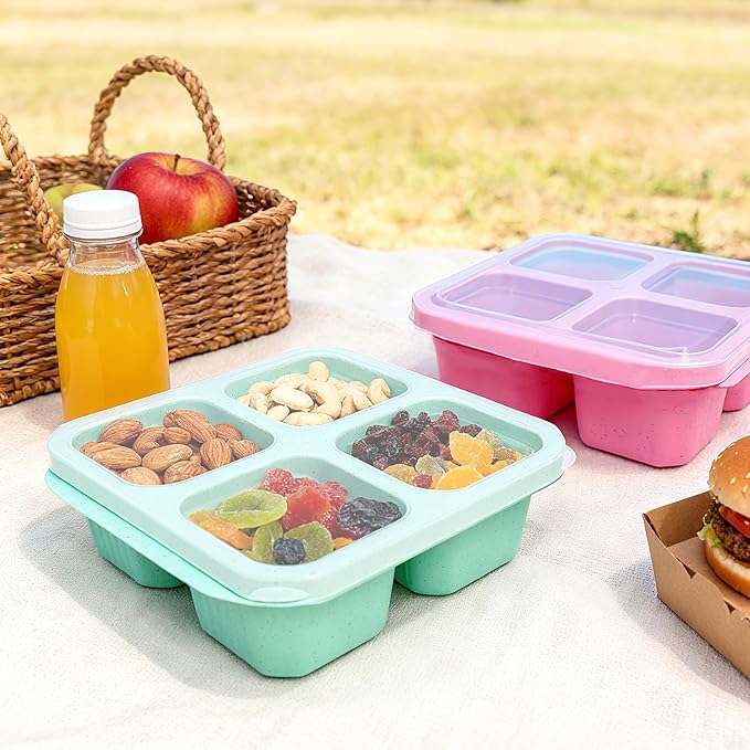 4 Pack Bento Snack Containers, 4 Compartment Divided Meal Prep Lunch Box Containers, Wheat Straw Reusable Food Storage Lunchable Container for Work Travel Picnic