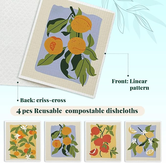 Swedish Dishcloths for Kitchen, Papaya Reusable Paper Towels Washable, Oranges Peach Lemon Colorful Swedish DishCloths for Friut, 4 Pack Dish Towels for Kitchen