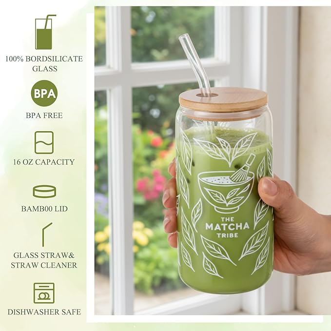 2 Set 16oz Matcha Glass Cups with Bamboo Lid and Straw 2 Brush Reusable Sealed Thick Leakproof Iced Coffee Cup Borosilicate Glass Tumble Gift for Matcha Lovers, Latte, Juice, Smoothie