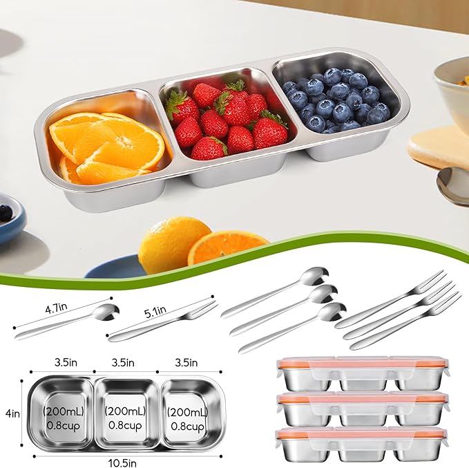 3 Pack Snack Containers with Leakproof Lids 304 Stainless Steel Bento Lunch Box Divided Food Containers for Home officer Gym Travel (3+3+3)