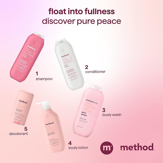 Method Volumizing Shampoo, Pure Peace with Rose, Peony, and Pink Sea Salt Scent Notes, Paraben and Sulfate Free, 14 oz (Pack of 1)