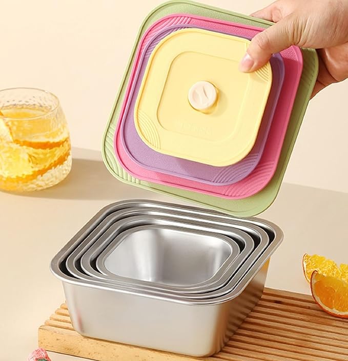 4-Piece Stainless Steel Snack & Lunch Containers with Lids Set, Stackable Metal Food Storage Containers with Lids, Airtight Leakproof Lunch Bento Box, Dishwasher Safe (Size 4.5", 5.5", 6.3", 7")